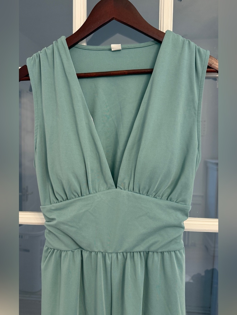 HALARA Women's Seafoam Green V-Neck Sleeveless Ruched Pocket Wide Leg Jumpsuit - Picture 5 of 7